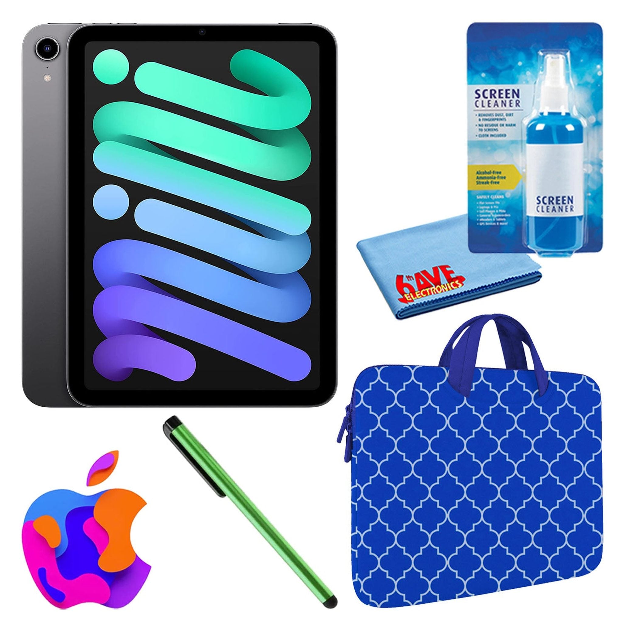 Apple iPad Mini 6 64GB, Cellular, Space Gray Bundle with Blue Moroccan Sleeve Apple