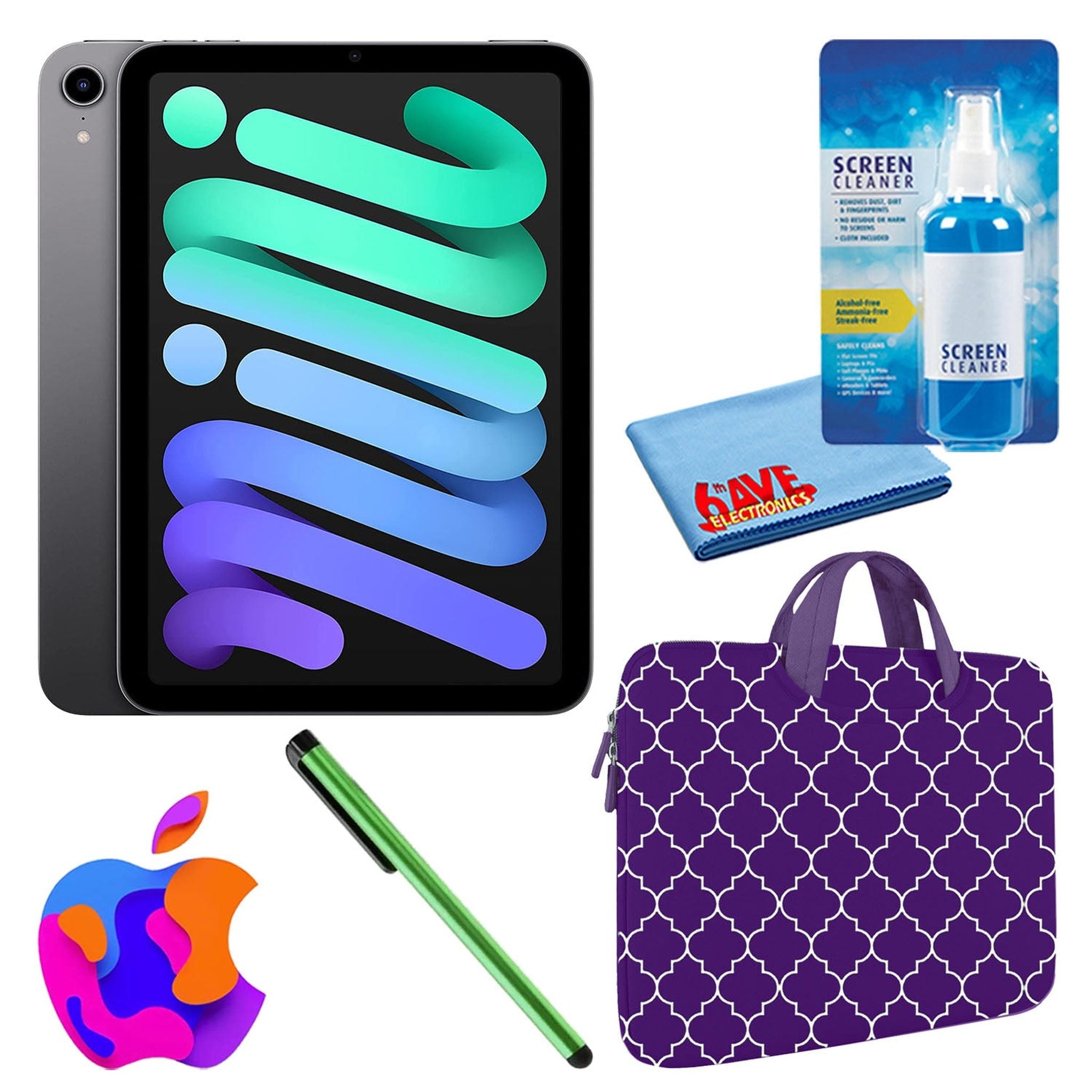 Apple iPad Mini 6 64GB, Cellular, Space Gray with Purple Moroccan Sleeve Apple