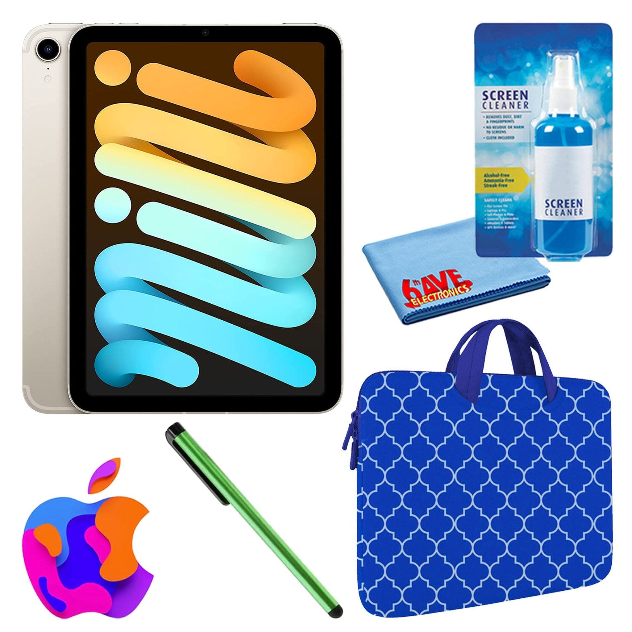 Apple iPad Mini 6 256GB, Wi-Fi, Starlight Bundle with Blue Moroccan Sleeve Apple