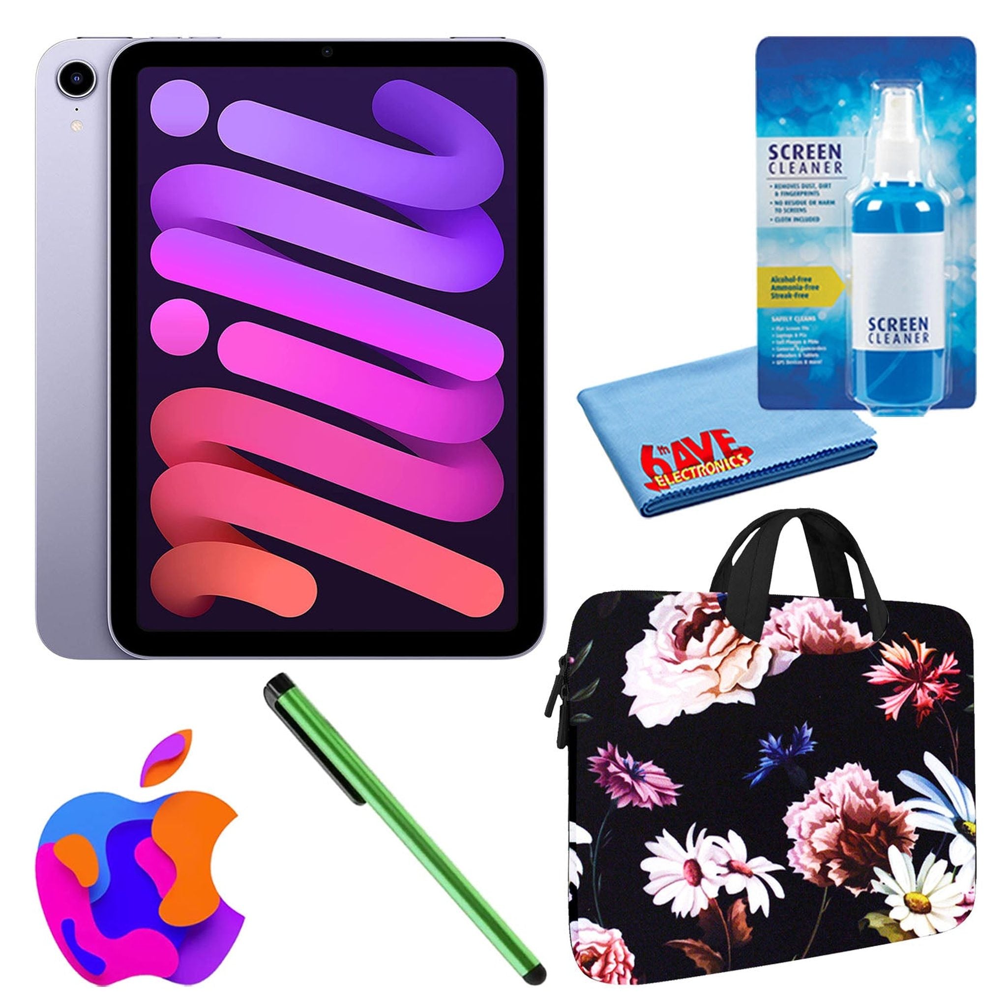 Apple iPad Mini 6 64GB, Wi-Fi, Purple Bundle with Black Floral Sleeve Apple