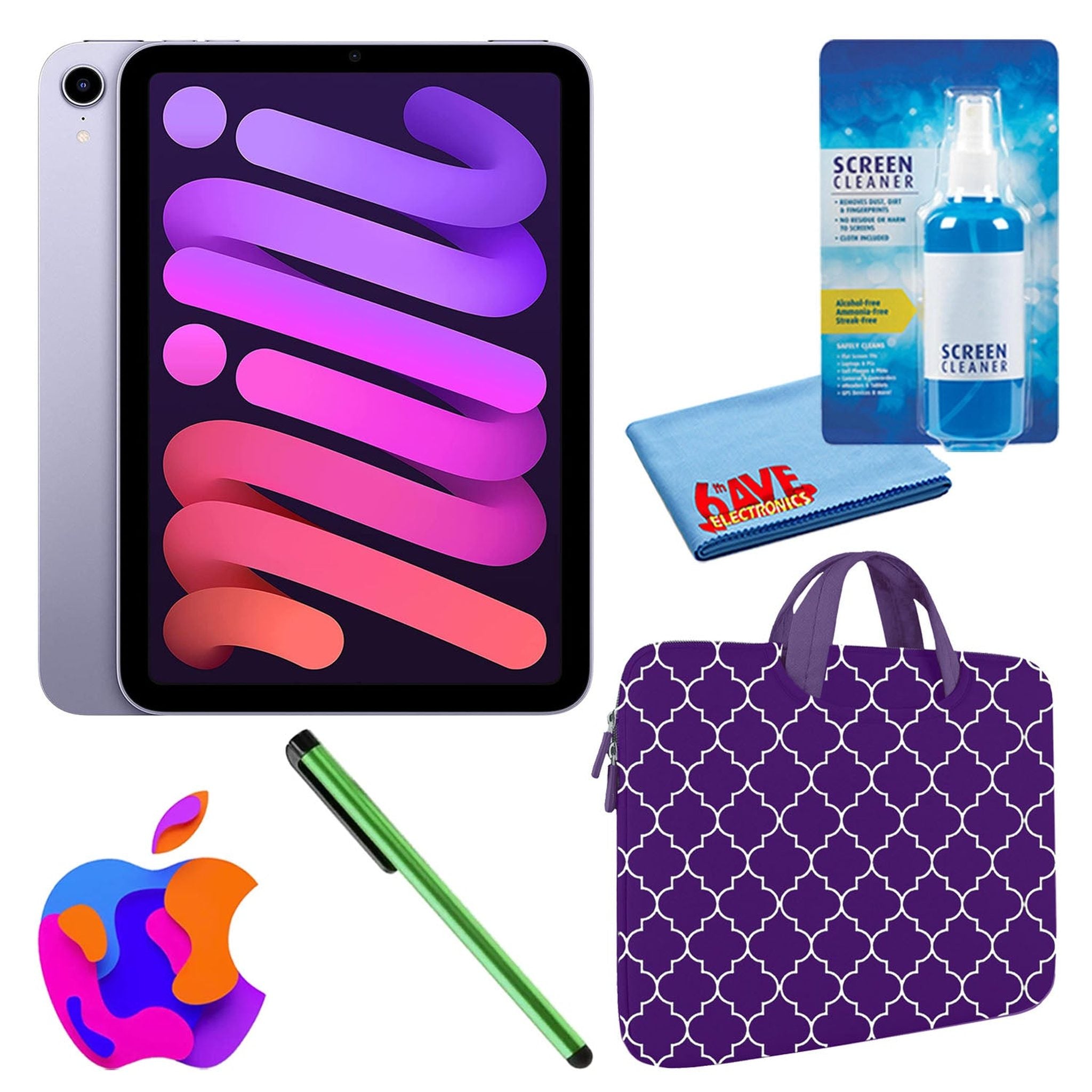 Apple iPad Mini 6 64GB, Wi-Fi, Purple Bundle with Purple Moroccan Sleeve Apple