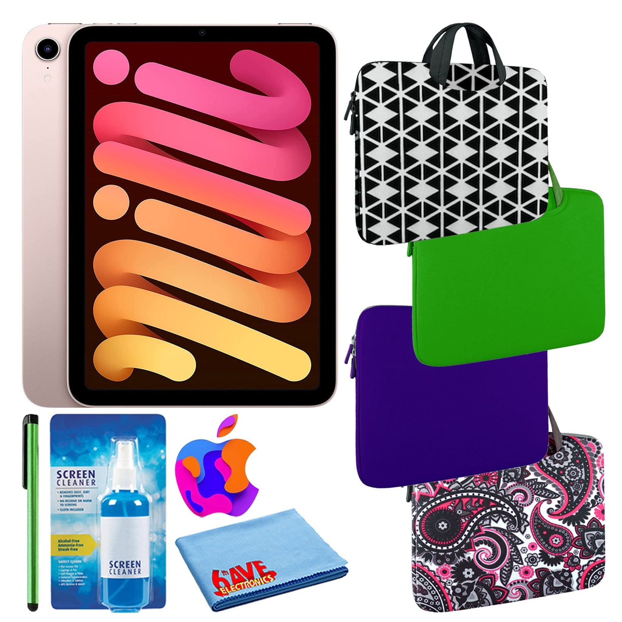 Apple iPad Mini 6 256GB, Wi-Fi, Pink Bundle with Zipper Sleeve Apple