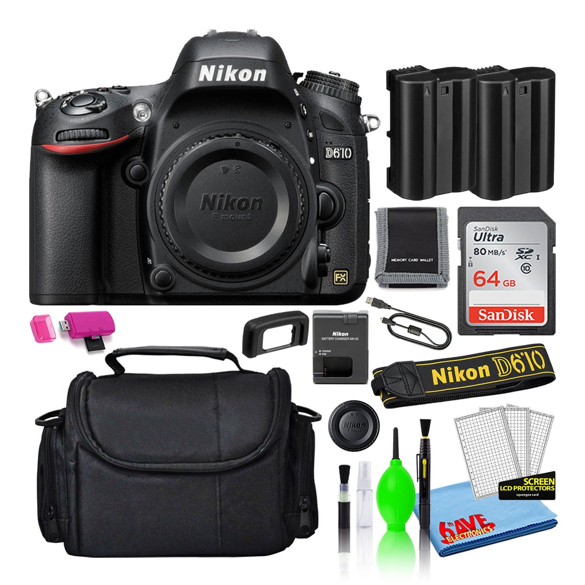 Nikon D610 Digital Camera Body Only 1540 + 64GB SD Card + Camera Bag Intl Nikon
