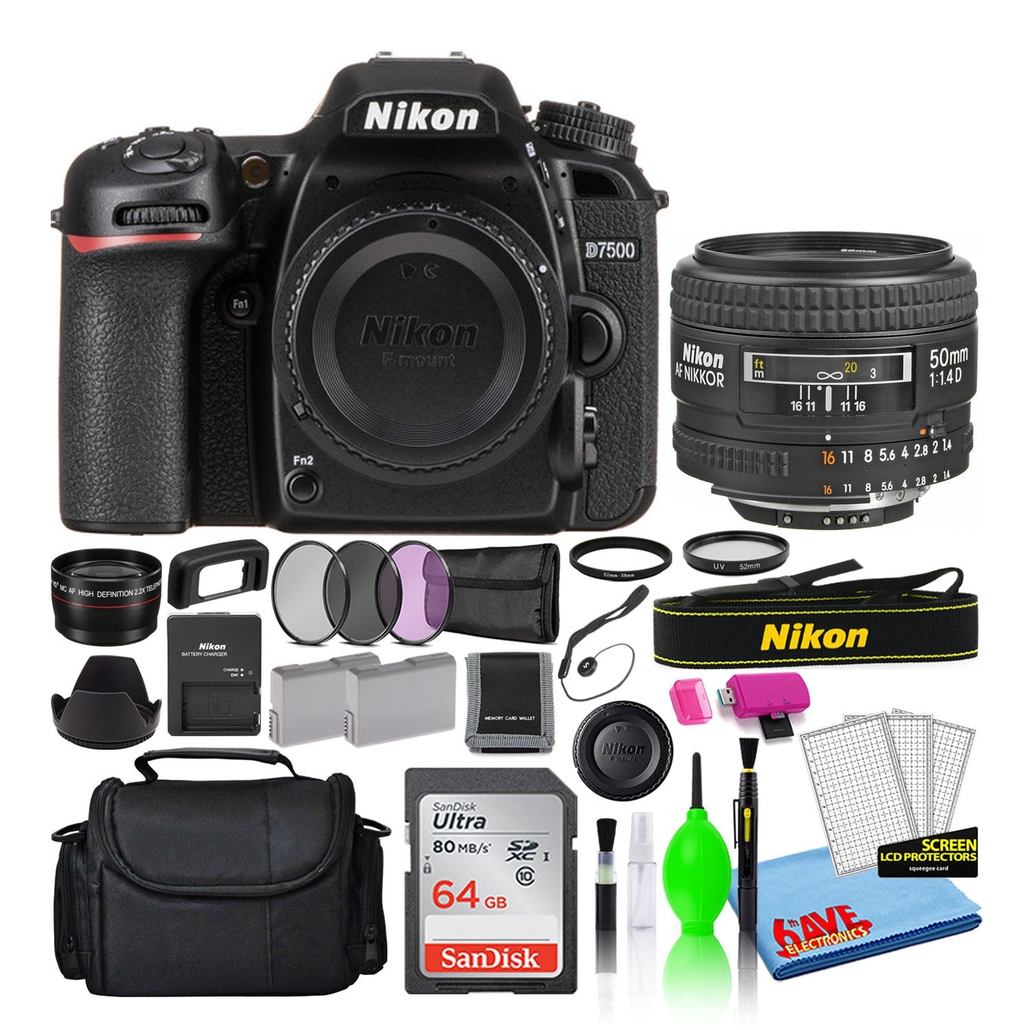 Nikon D7500 Digital Camera with 50mm f/1.4D Lens 1581 + 64GB Card + Bag Intl Nikon