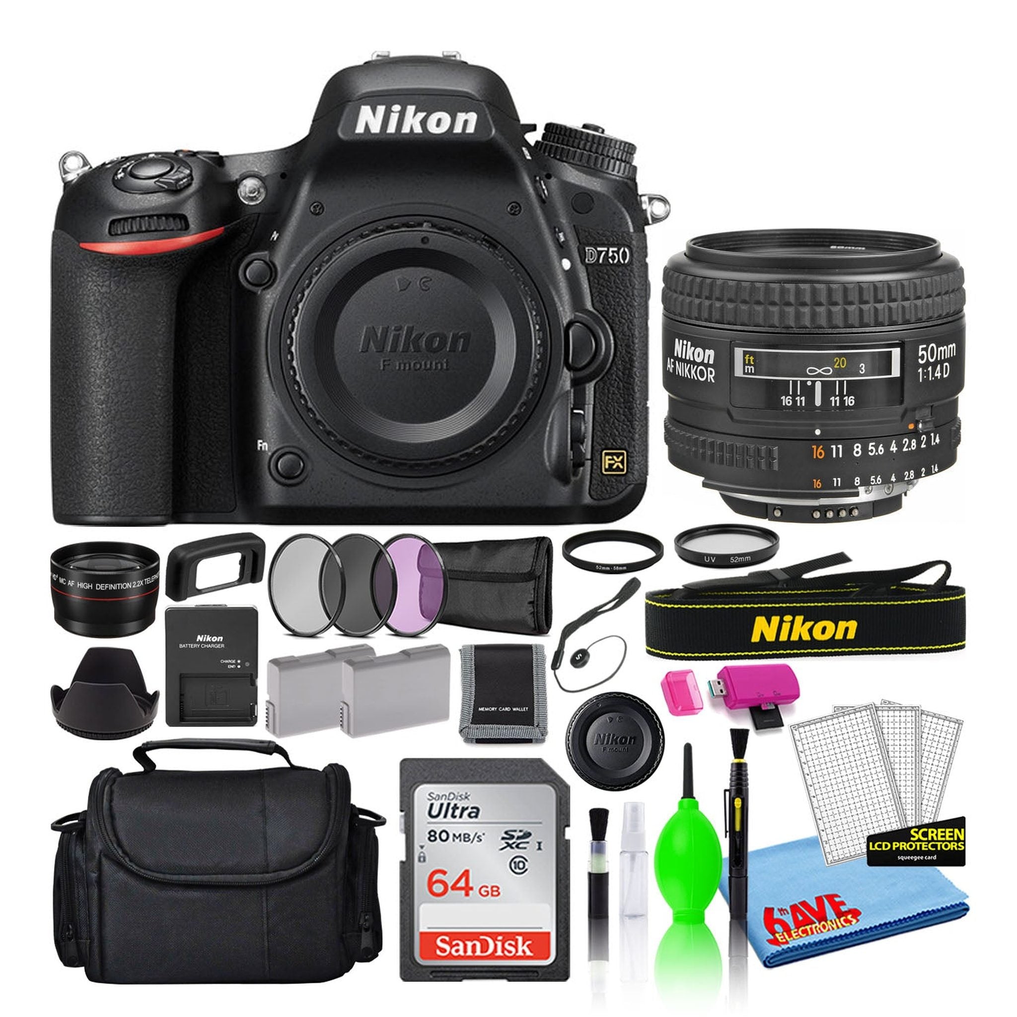 Nikon D750 Digital Camera with 50mm f/1.4D Lens 1543 + 64GB Card + Bag Intl Nikon