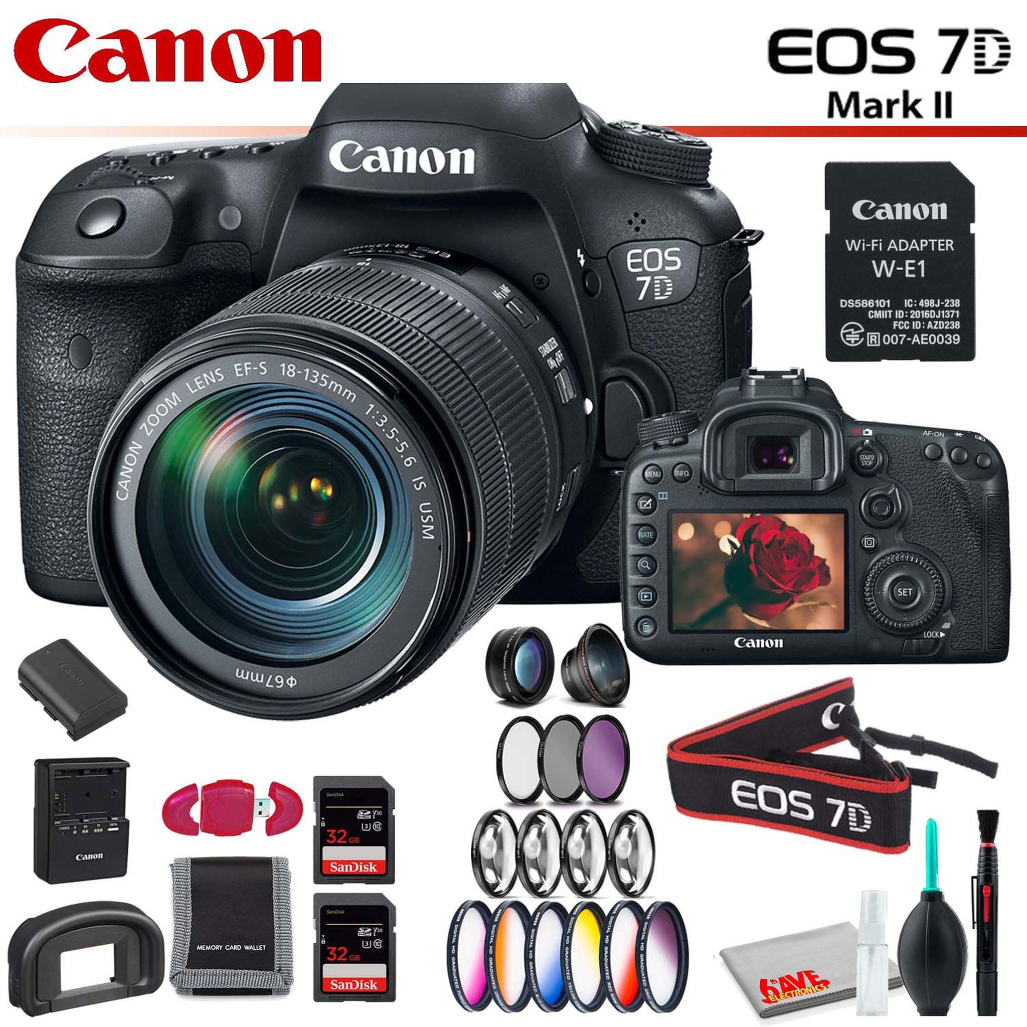 Canon EOS 7D Mark II DSLR Camera with 18-135mm Lens & W-E1 Wi-Fi Adapter With Memory Card Kit, Filter Kit and Cleaning Kit Canon
