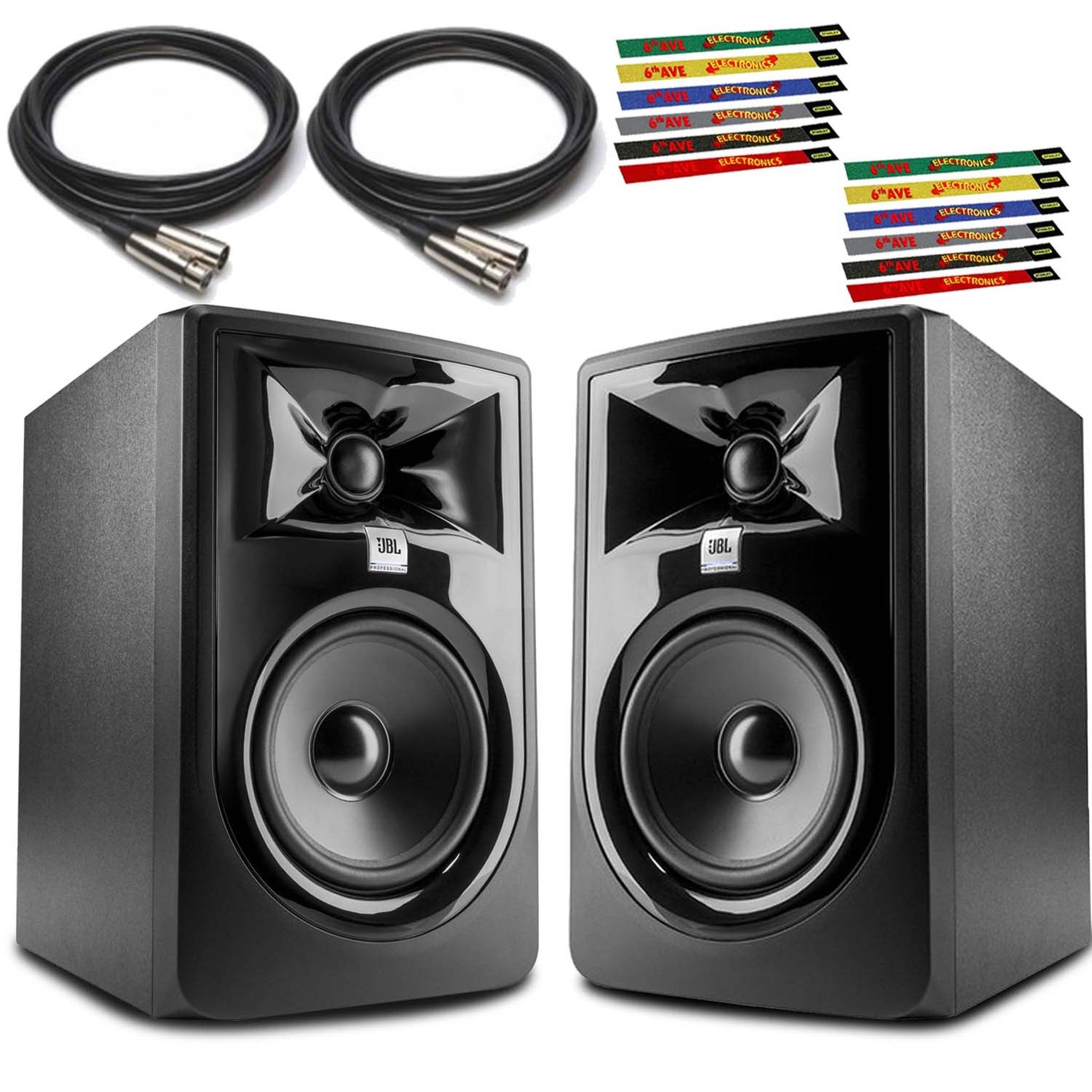 JBL 305P MkII 5" Powered Studio Monitor Pair with Two 10 Ft. XLR Cables and Two 6-Pack Reusable Cable Ties JBL