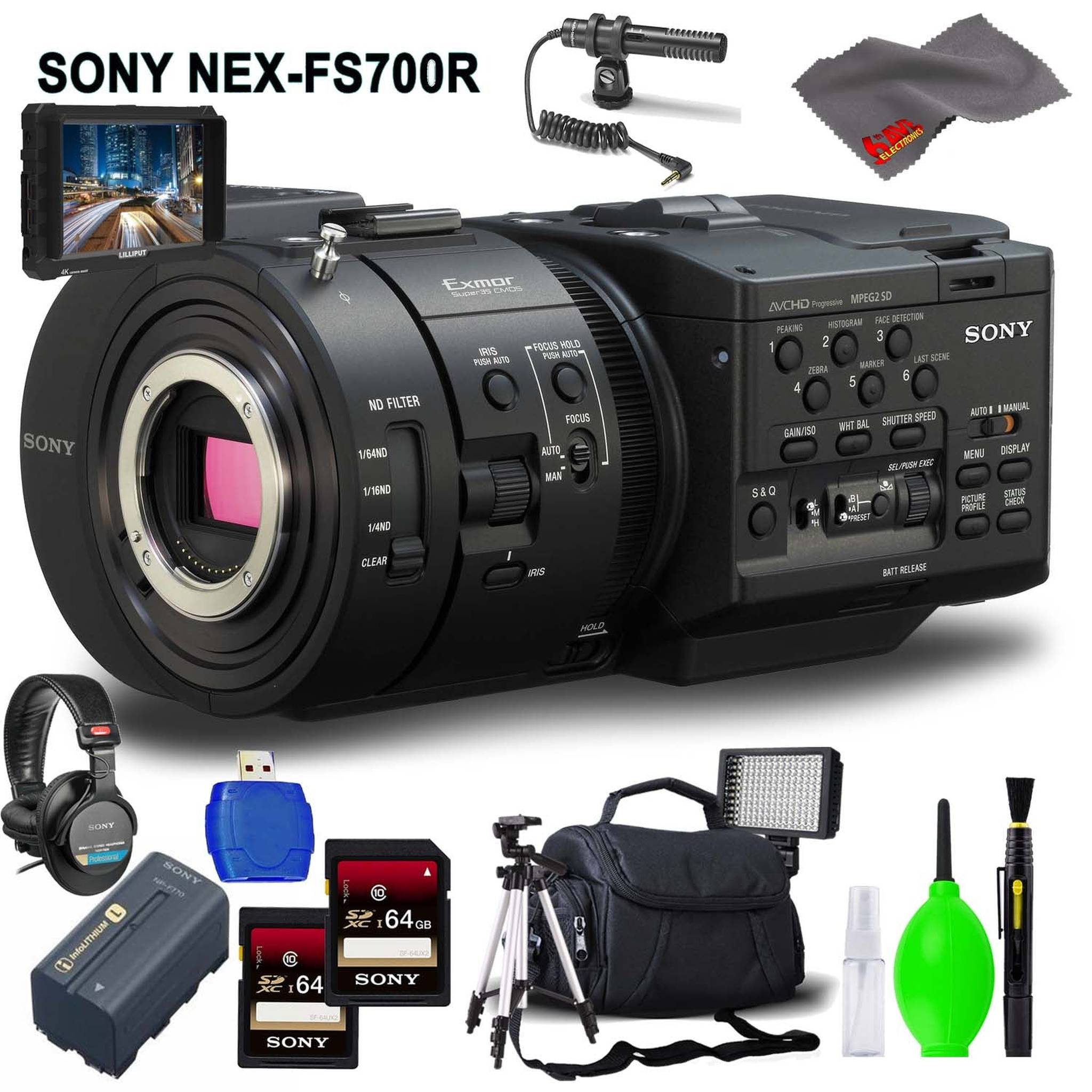Sony NEX-FS700R Super 35 Camcorder Body Only Accessory Bundle with Memory Card Kit, Carrying Case, 7" Monitor, Condenser Mic, Stereo Headphones Bundle Sony