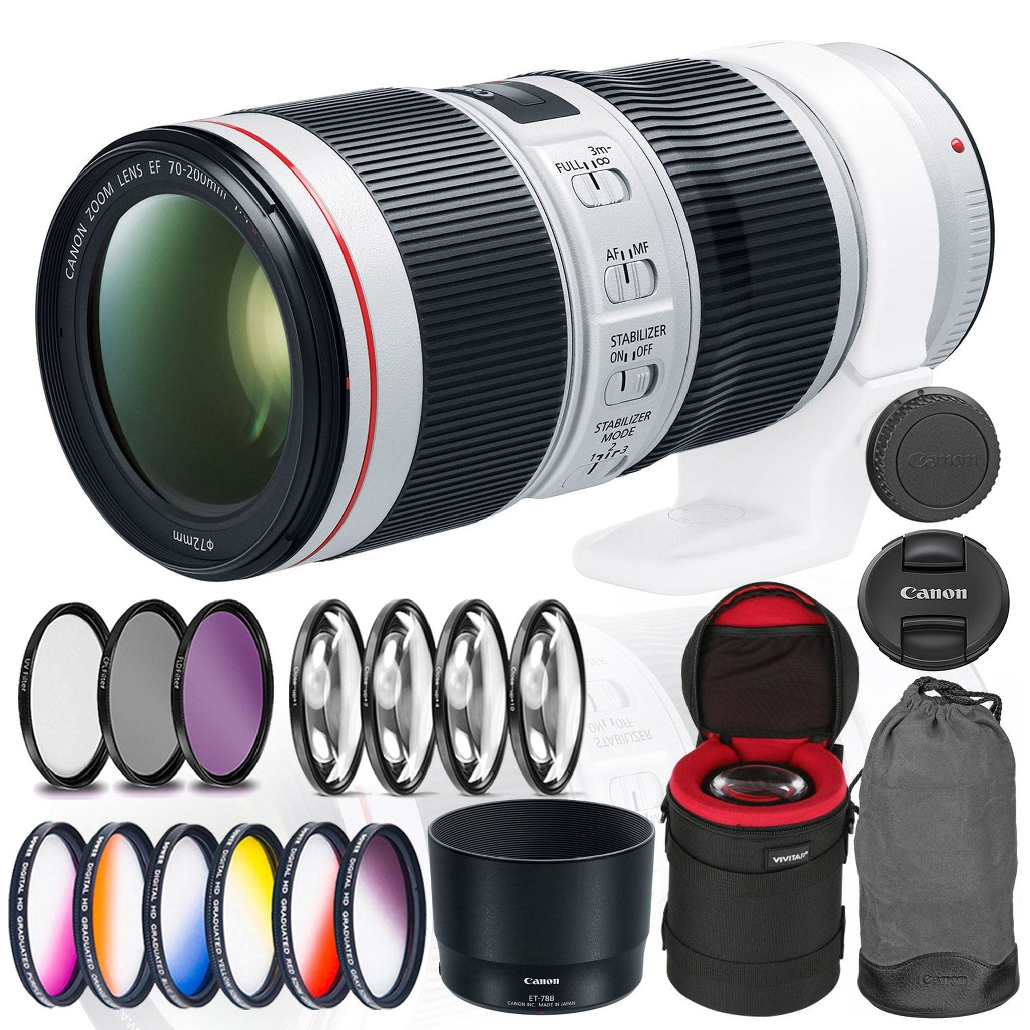 Canon EF 70-200mm f/4L IS II USM Lens Bundle with Cleaning Kit, Filter Kits, and Padded Lens Case International Model Canon