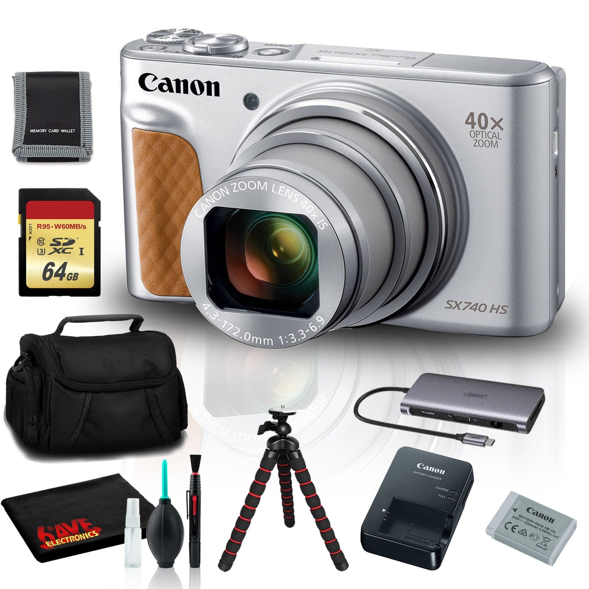 Canon PowerShot SX740 HS Digital Camera Silver with 64GB SD, Tripod, and More Canon
