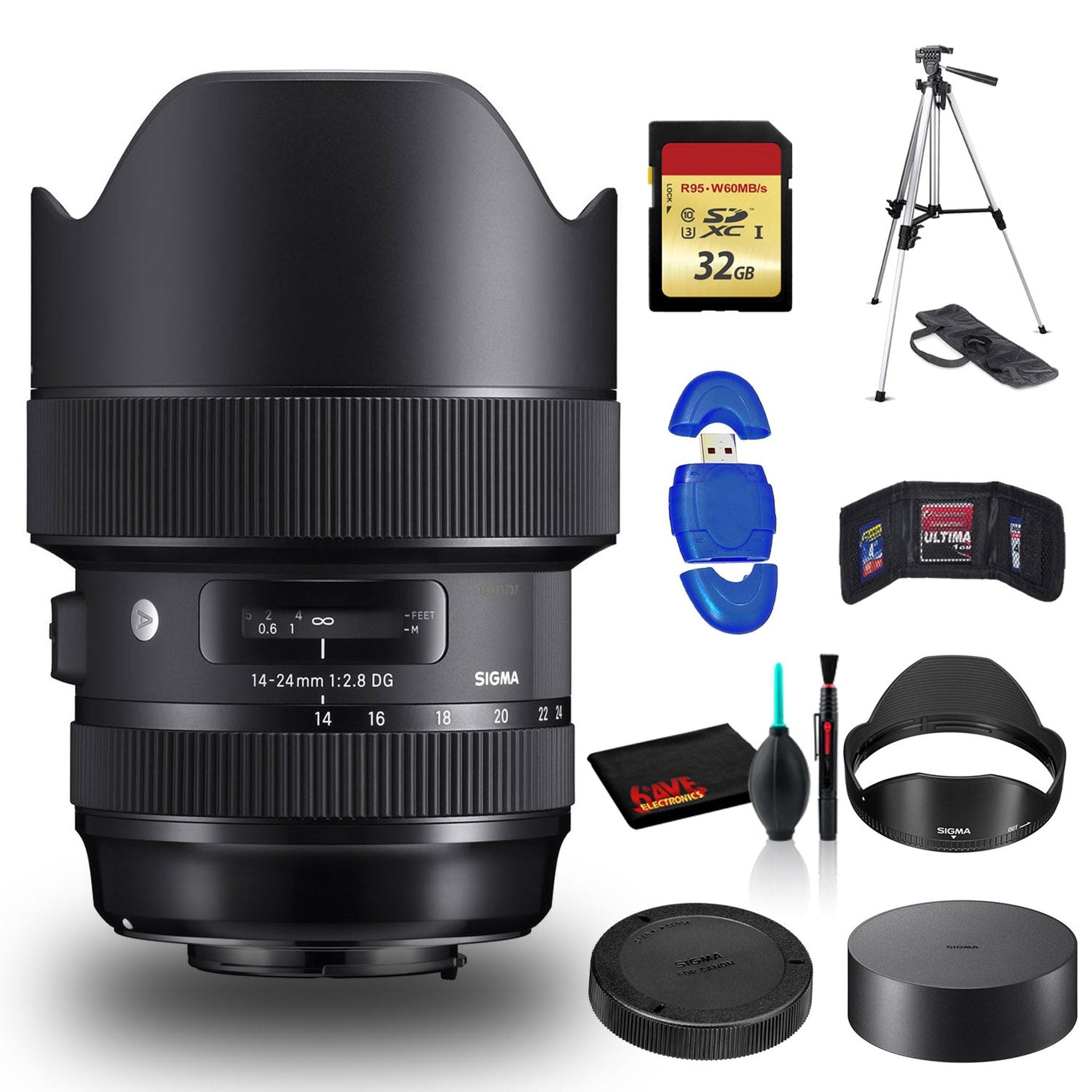 Sigma 14-24mm f/2.8 DG HSM Art Lens for Canon EF with Cleaning Kit, Full Size Tripod, and 32GB Memory Kit Bundle Sigma