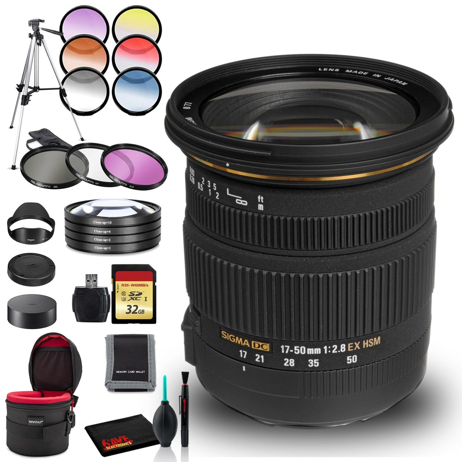 Sigma 17-50mm f/2.8 EX DC OS HSM Lens for Canon EF with Cleaning Kit, Tripod, 32GB Memory, Filters, and Padded Lens Case Bundle Sigma