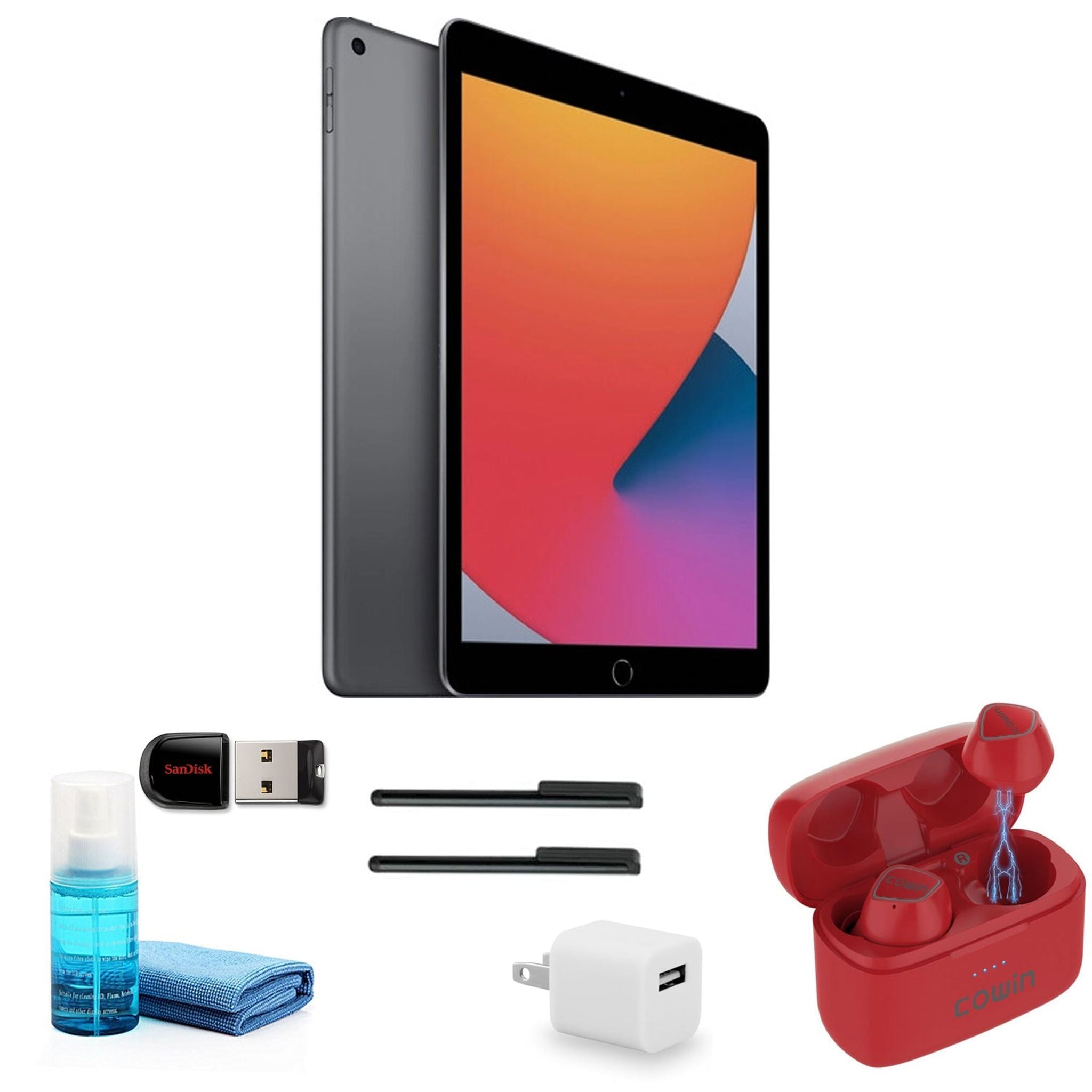 Apple iPad 10.2 Inch 32GB, Space Gray, MYL92LL/A with Red Earbuds and more Apple