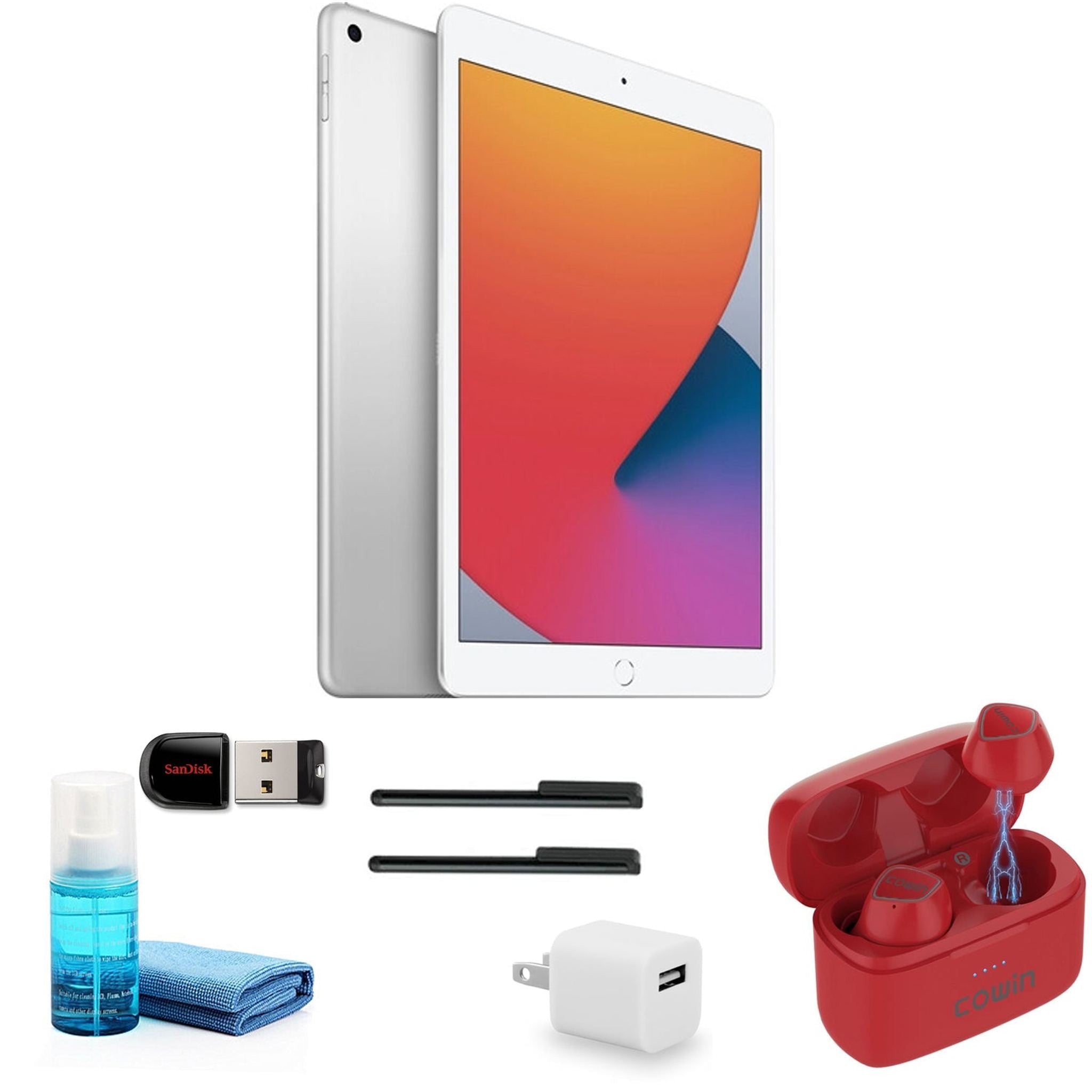 Apple iPad 10.2 Inch 32GB, Silver, MYLA2LL/A with Red Earbuds and more Apple