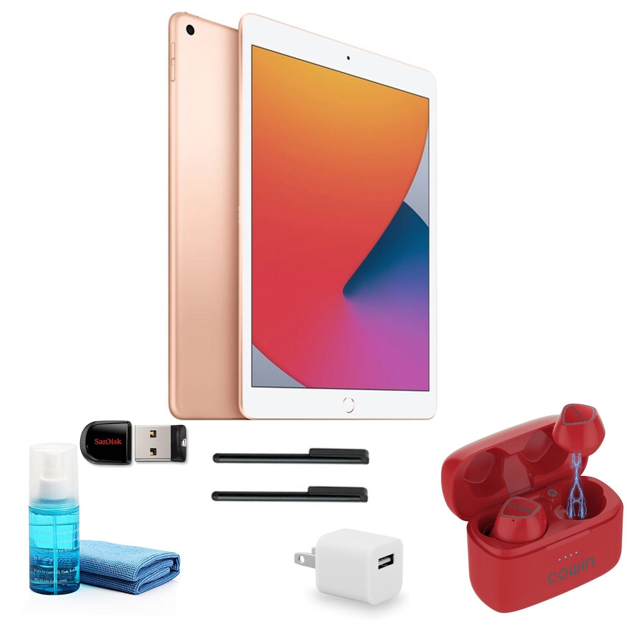 Apple iPad 10.2 Inch 32GB, Gold, MYLC2LL/A with Red Earbuds and more Apple