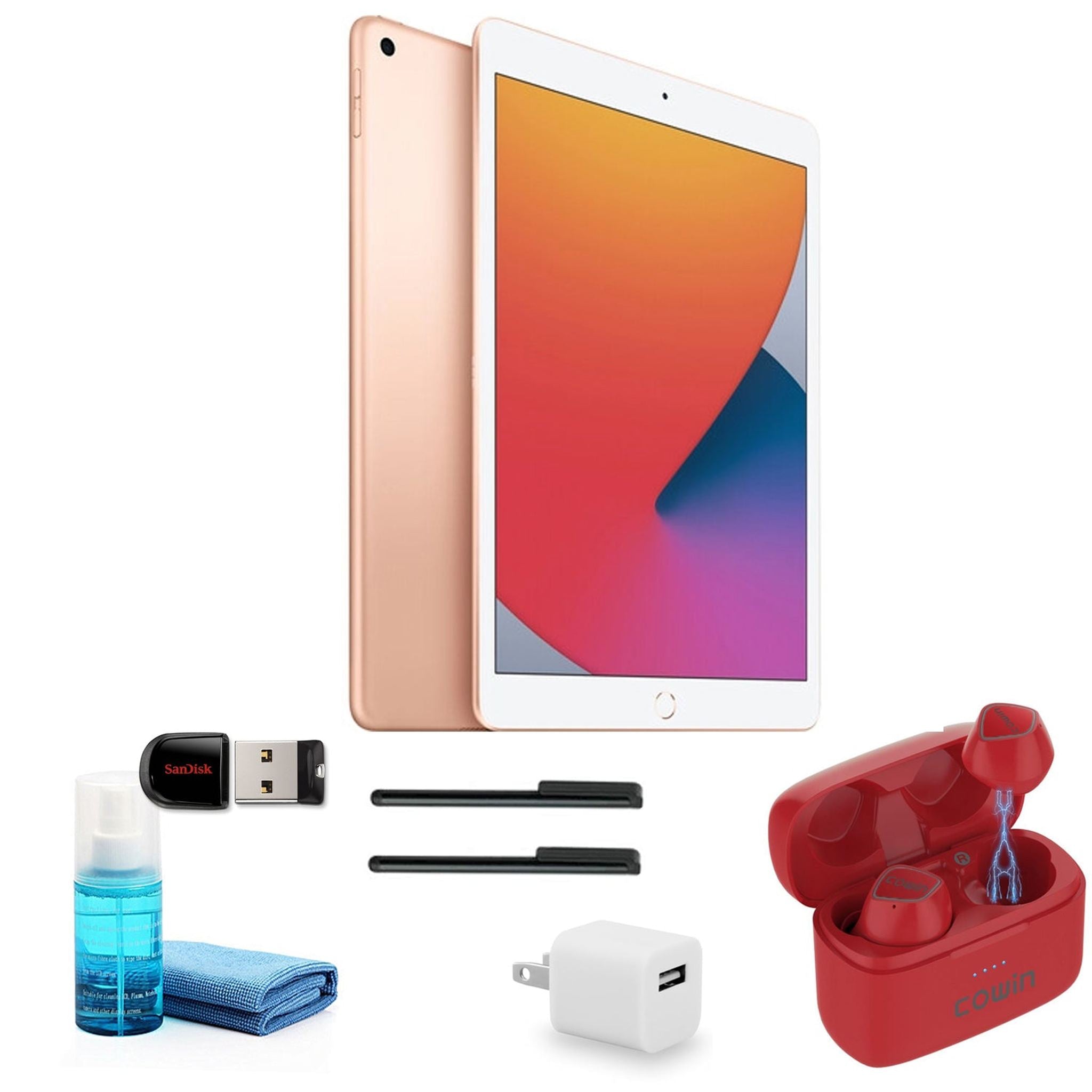 Apple iPad 10.2 Inch 128GB, Gold, MYLF2LL/A with Red Earbuds and more Apple