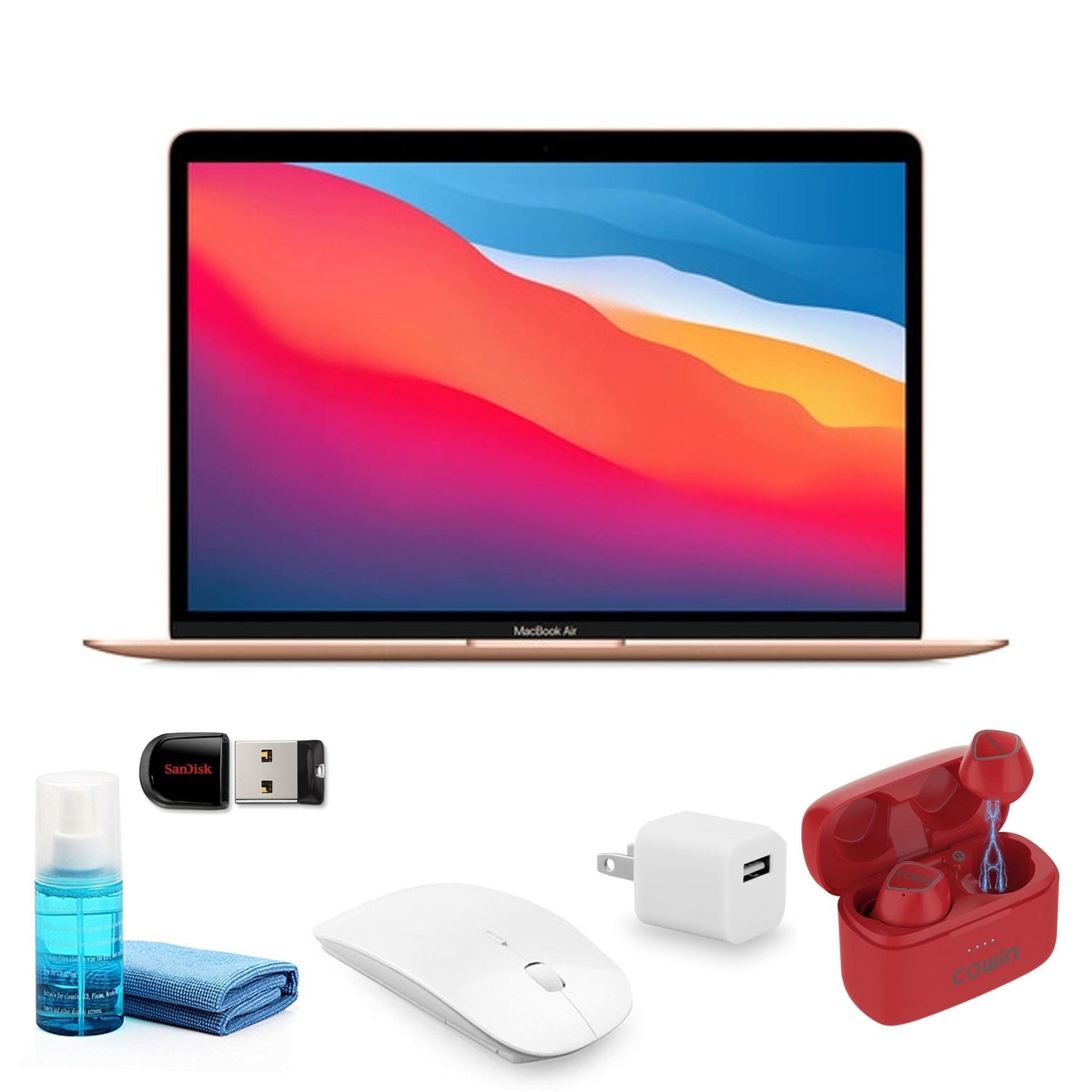 Apple MacBook Air M1 13 Inch Gold MGND3LL/A - with Red Earbuds and more Apple