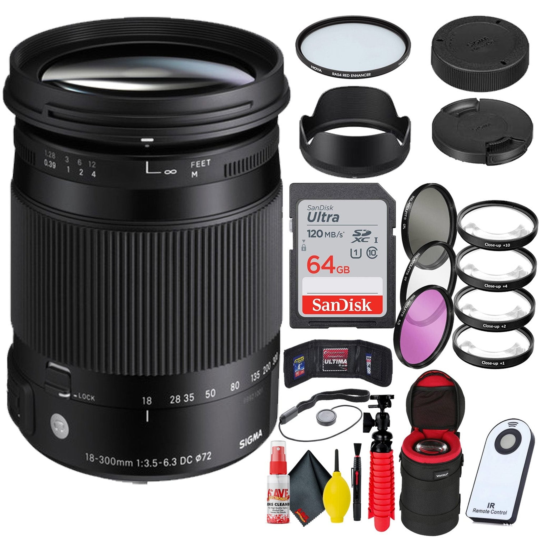 Sigma 18-300mm f/3.5-6.3 DC Macro OS HSM Contemporary Lens for Nikon F + 64GB SD Card Bundle Sigma