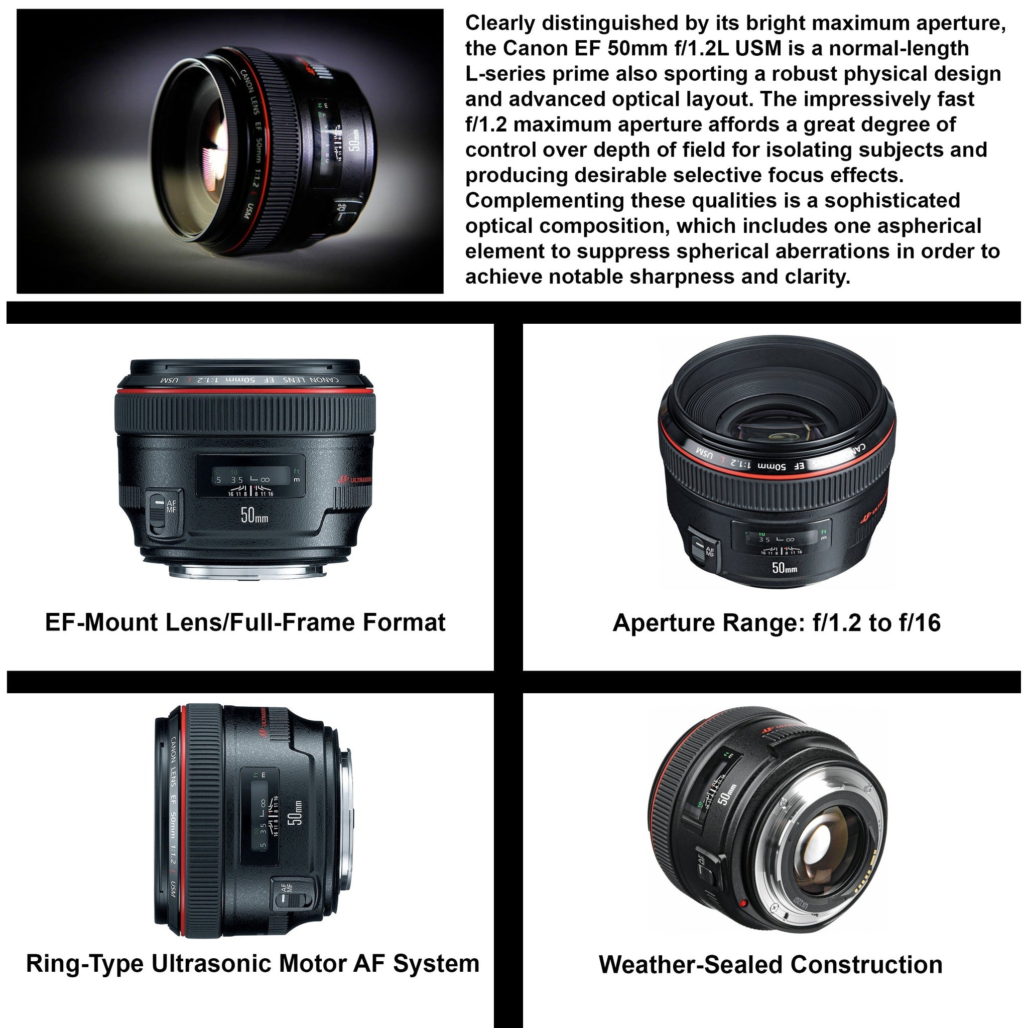 Canon EF 50mm f/1.2L USM Lens 1257B002 Includes: DSLR Sling Backpack, 9PC Filter Kit, Sandisk 32GB SD + More Canon