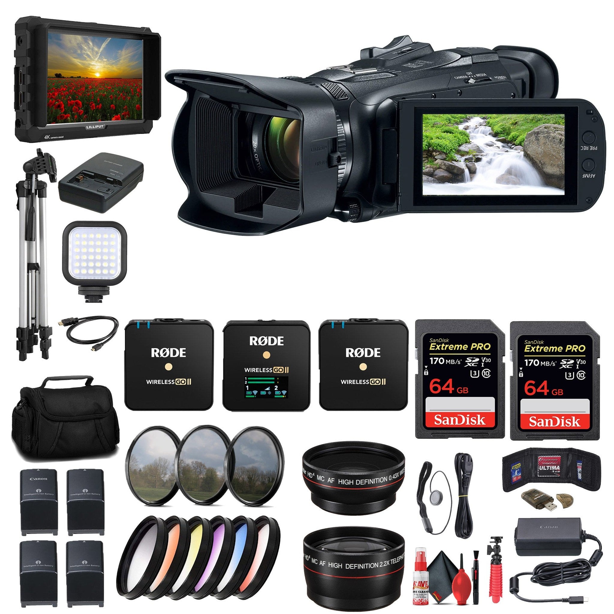 Canon Vixia HF G70 UHD 4K Camcorder + 4K Monitor + Rode Wireless GO II MiC + More Canon