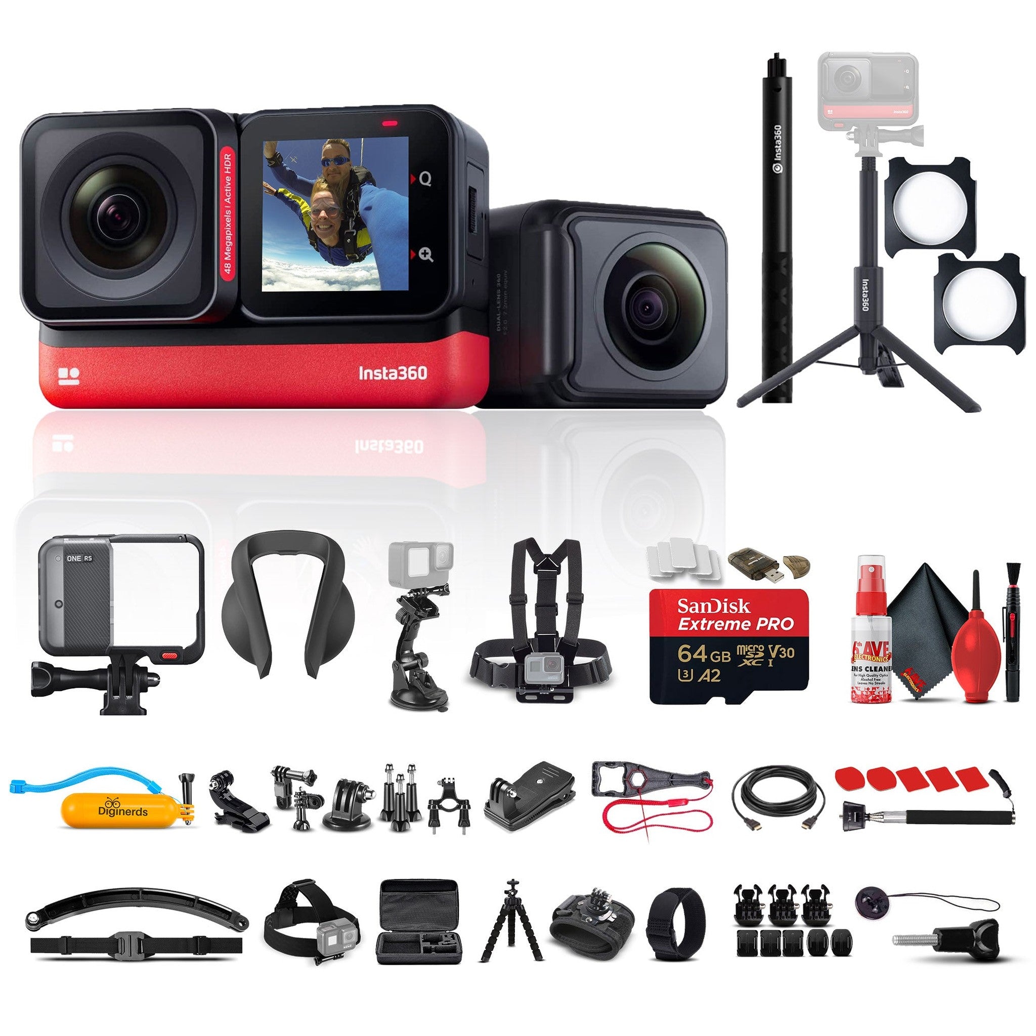 Insta360 ONE RS Twin Edition + Selfie Stick + 50-in-1 Accessory Kit + 64GB + More Insta360
