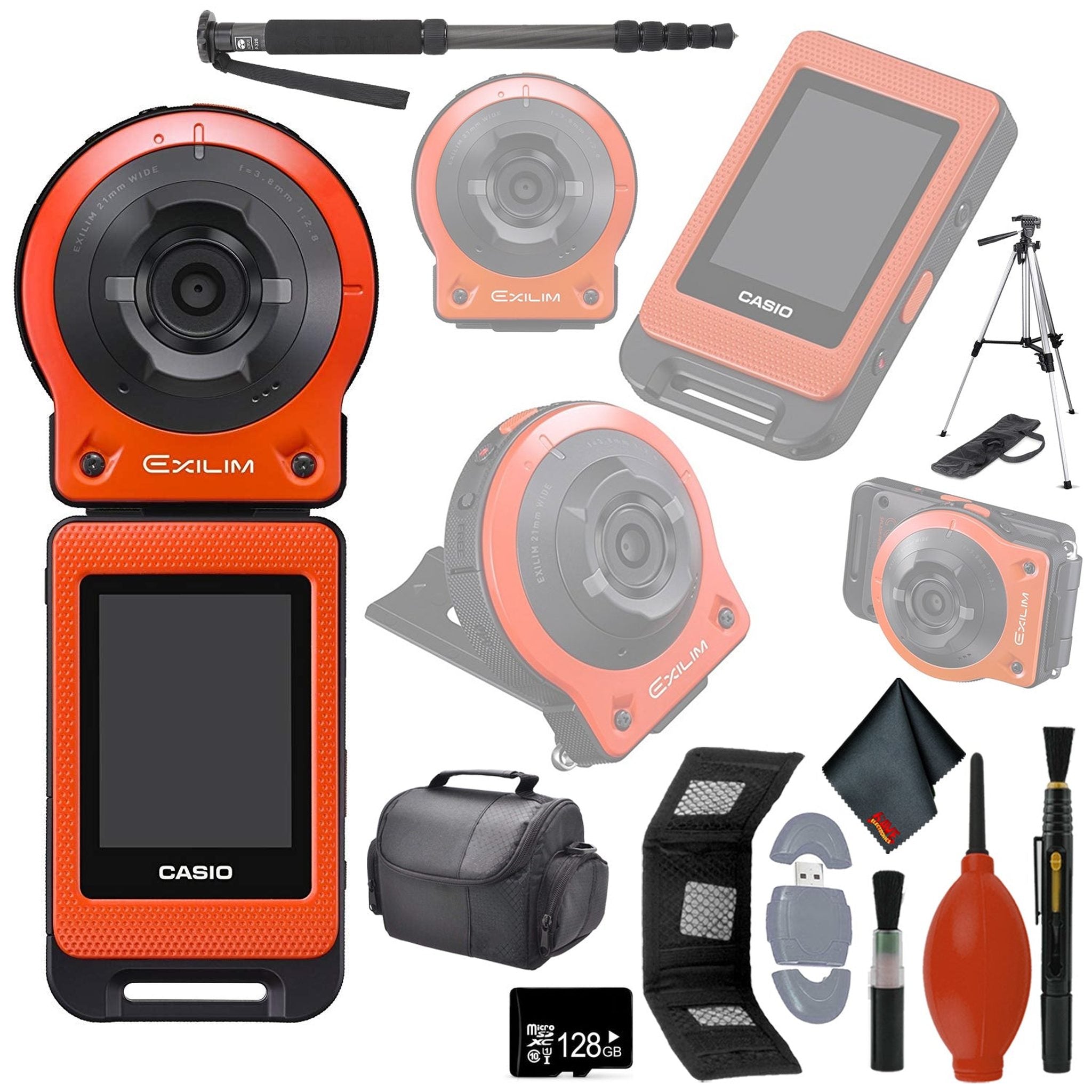CASIO EX-FR10 EXILIM Digital Action Camera 14.1 MP - Orange - 64GB MicroSD - Case - Cleaning Kit - Tripod - Monopod 70" Starter Bundle Casio