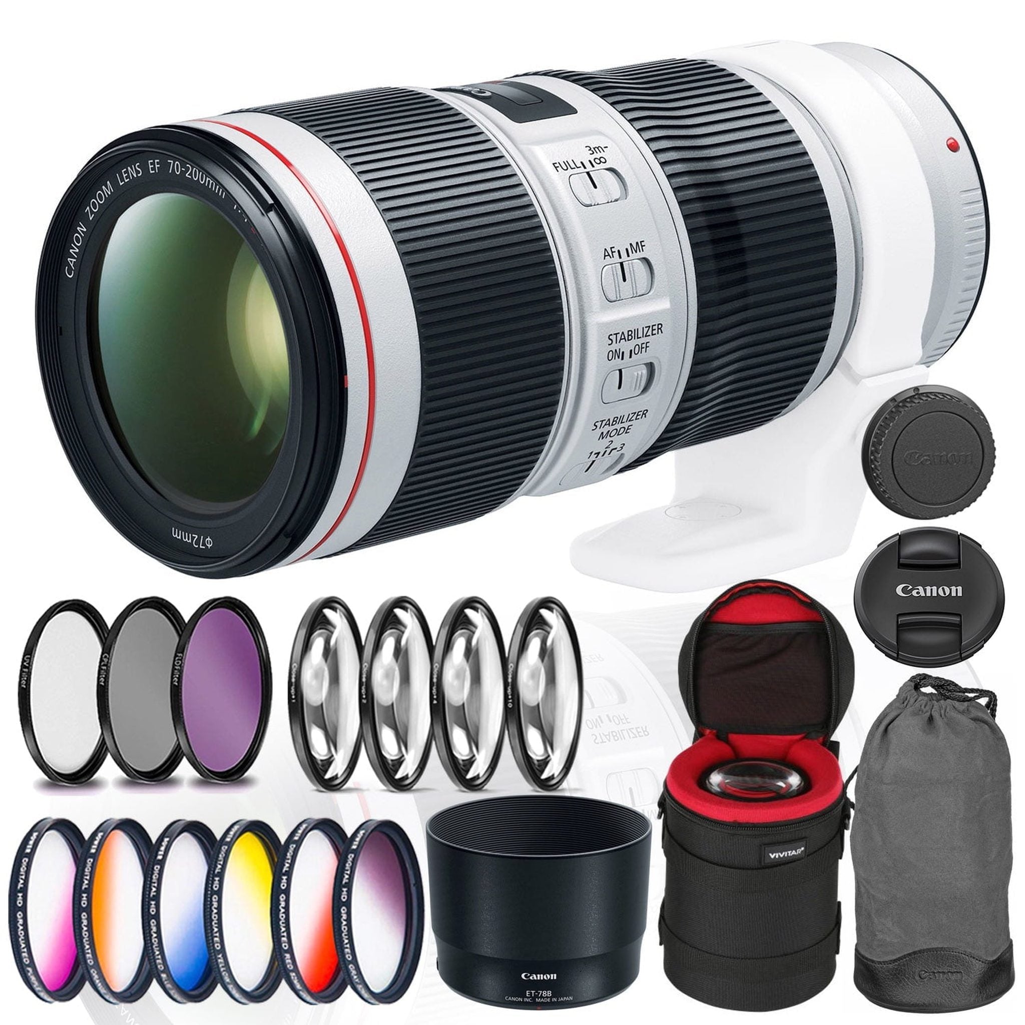 Canon EF 70-200mm f/4L IS II USM Lens Bundle with Cleaning Kit, Filter Kits, and Padded Lens Case International Model Canon