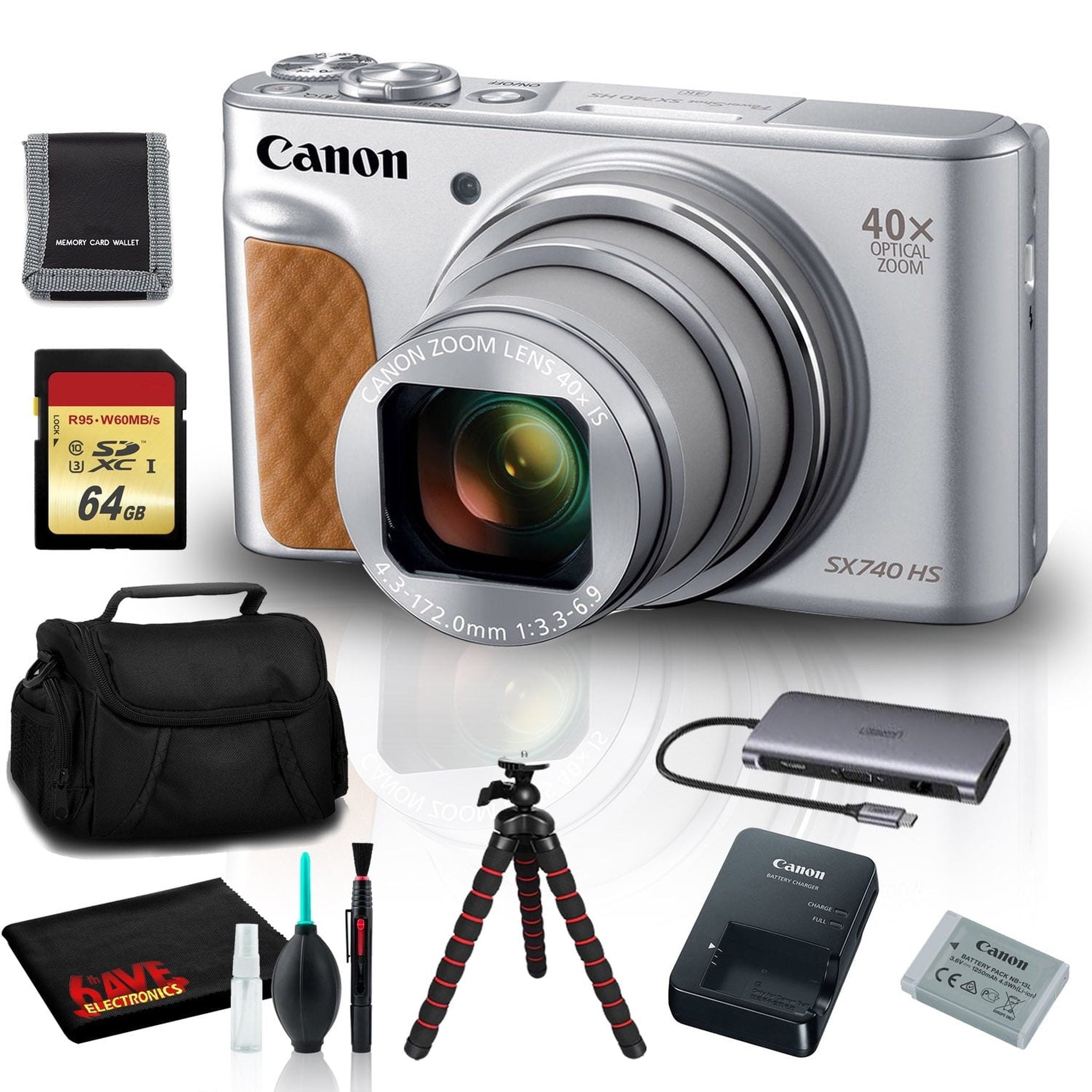 Canon PowerShot SX740 HS Digital Camera Silver with 64GB SD, Tripod, and More Canon