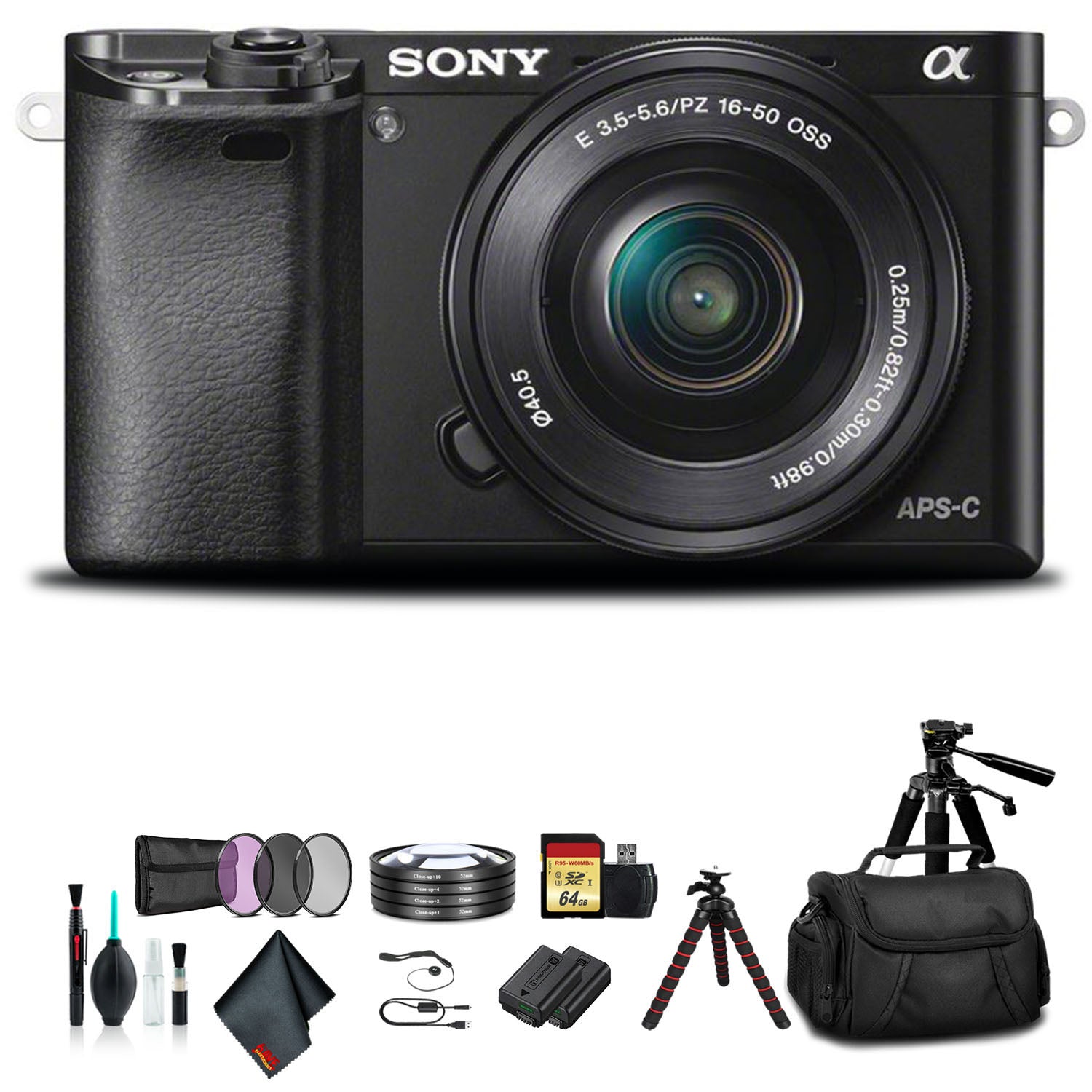 Sony Alpha a6000 Mirrorless Camera with 16-50mm Lens Black With Soft Bag, Additional Battery, 64GB Memory Card, Card Reader , Plus Essential Bundle - Reconditioned Sony