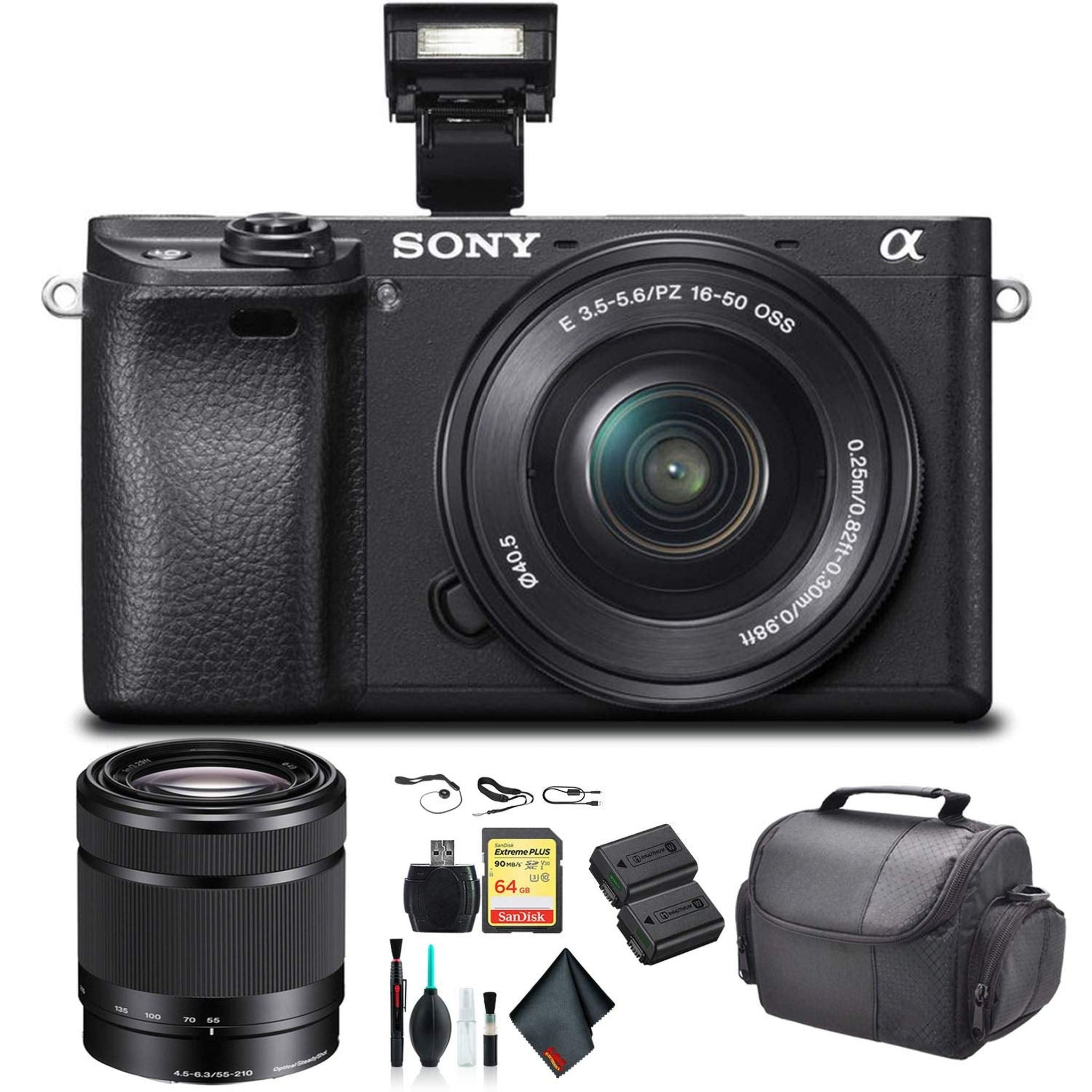 Sony Alpha a6300 Mirrorless Camera with 16-50mm Lens Black ILCE6300L/B with Sony 55-210mm Lens, Soft Bag, Additional Bat - Used Sony
