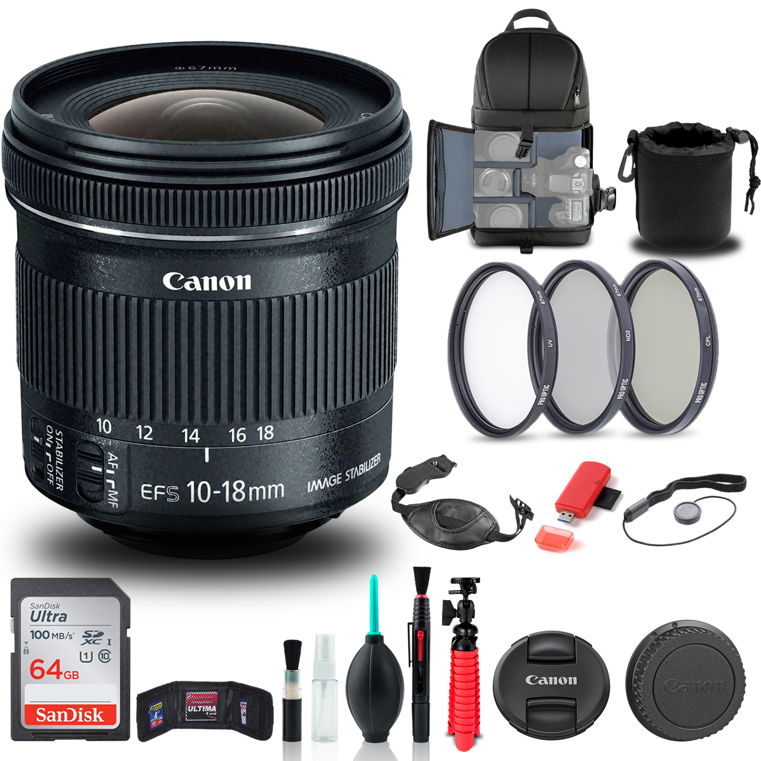 Canon EF-S 10-18mm f/4.5-5.6 IS STM Lens (9519B002) + Filter + BackPack + More - Reconditioned