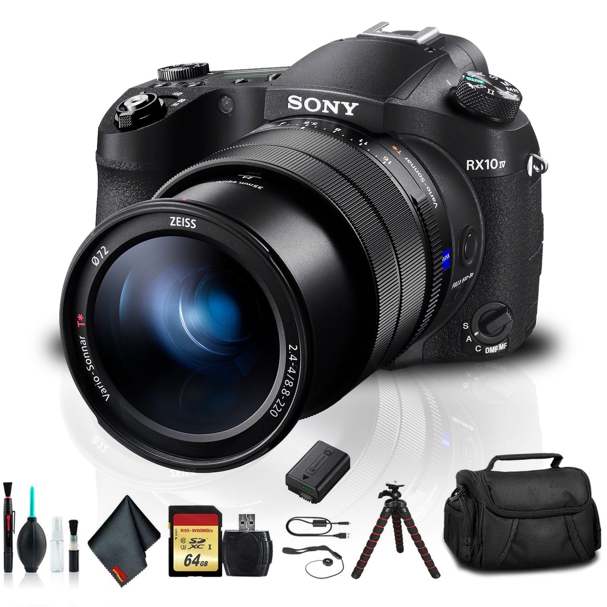 Sony Cyber-Shot DSC-RX10 IV Camera DSCRX10M4/B with Soft Bag, Additional Battery, 64GB Memory Card, Card Reader, Plus Es - Reconditioned Sony