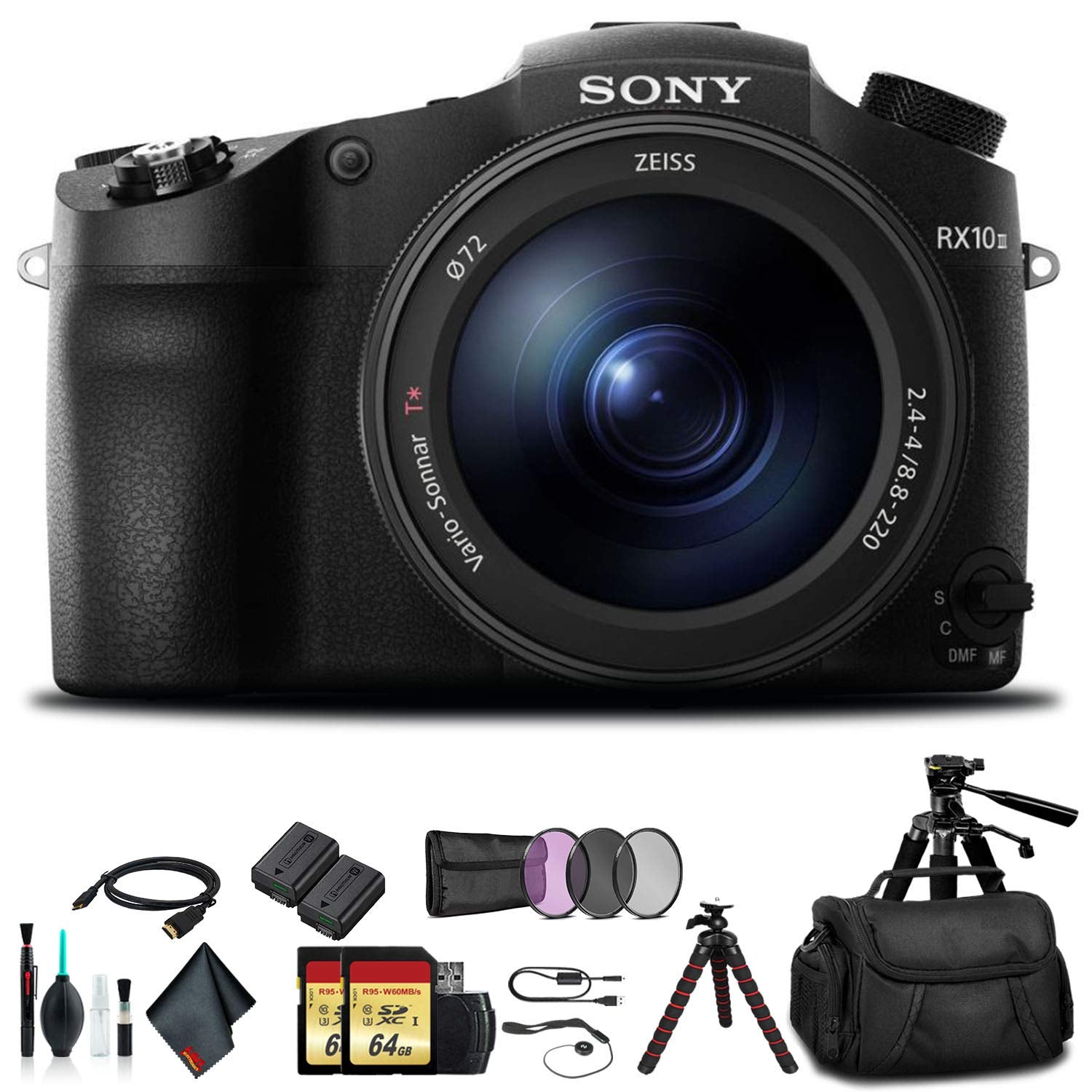 Sony Cyber-Shot DSC-RX10 IV Camera DSCRX10M4/B with Soft Bag, Tripod, Additional Battery, 64GB Memory Card, Card Reader, - Used Sony