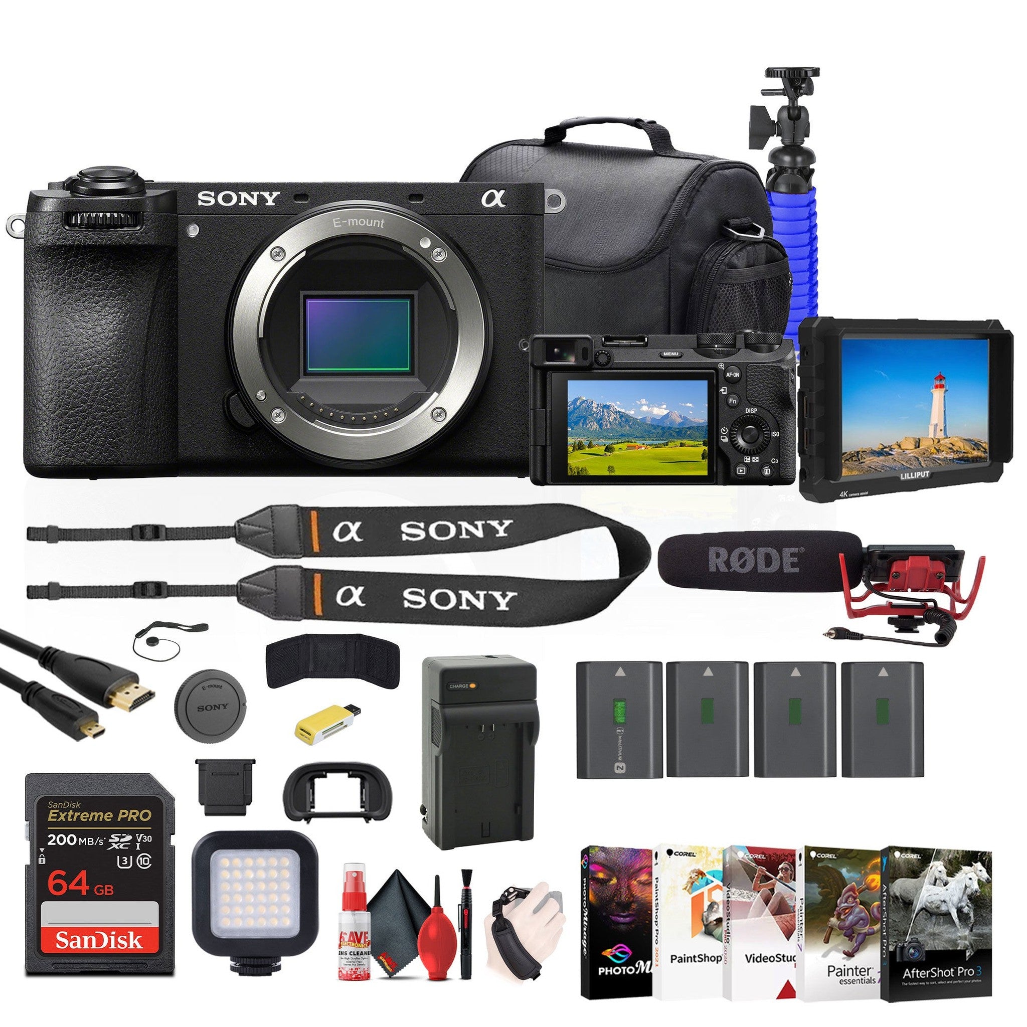 Sony a6700 Mirrorless Camera + 4K Monitor + Rode VideoMic + 2 x 64GB Card + More Sony