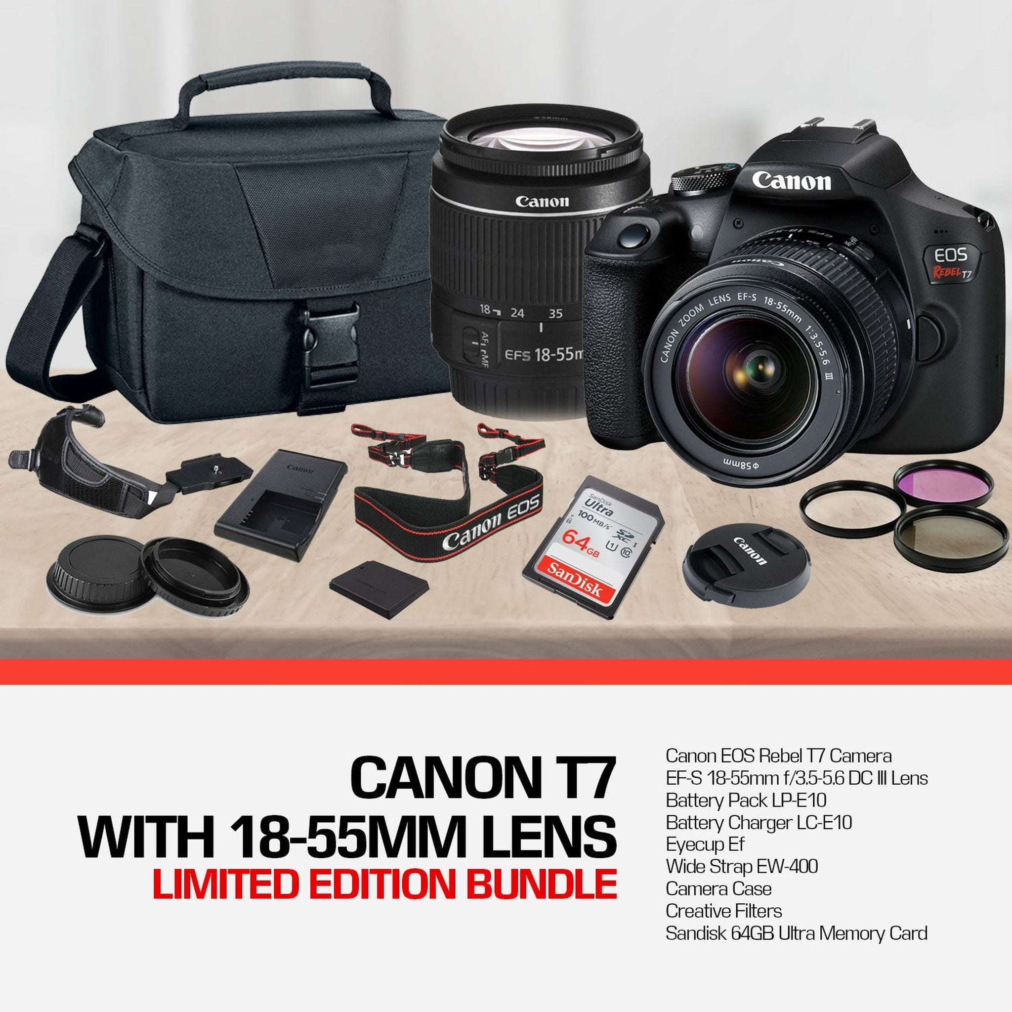 Canon Rebel T7 DSLR Camera with 18-55mm DC III Lens Kit & Sandisk 64GB Ultra Speed Memory Card, Carrying Case | Limited Edition Canon